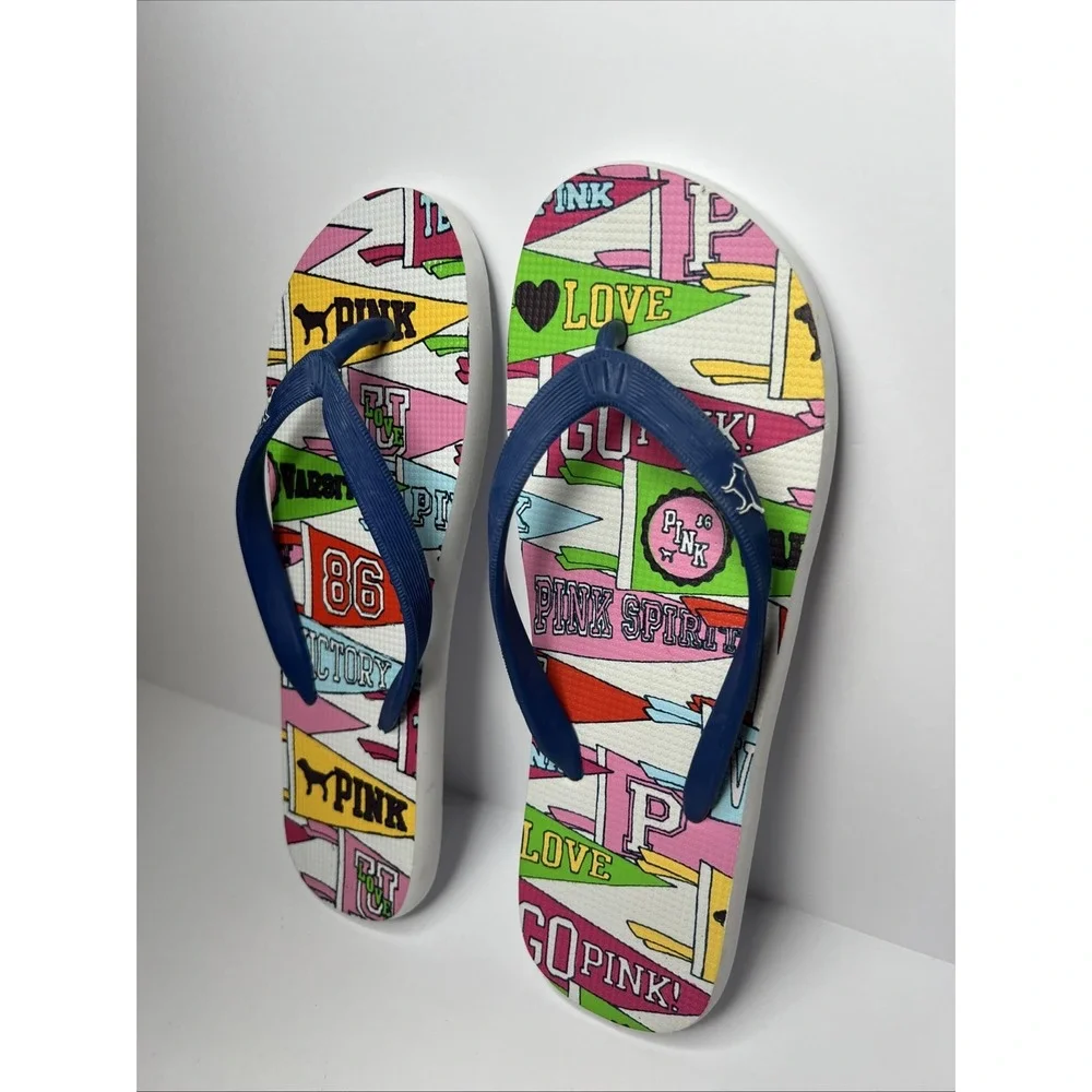 Victoria's Secret PINK Flip Flops Large Collegiate Pennant Love Spirit New